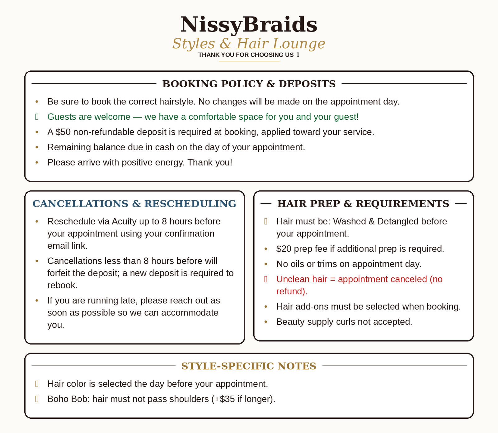 NissyBraids Booking Policies — Booking, Deposits, Cancellations, Hair Prep, Style Notes